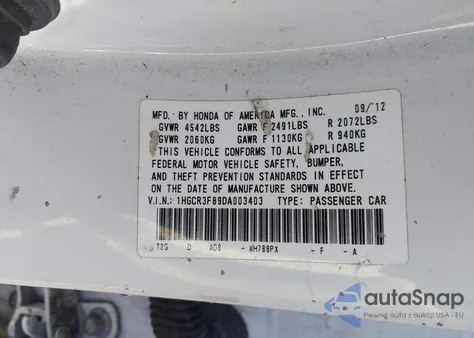 2013 Honda Accord Ex-L V-6 z USA, uszkodzony, nr VIN 1HGCR3F89DA003403